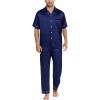 imageSWOMOG Mens Silky Satin Pajamas Set Short Sleeve Pjs Button Down Sleepwear Top ampamp Long Pants Deep Navy Blue Large