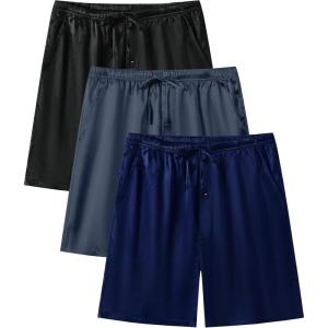 imageSWOMOG Mens 3 Pack Satin Pajama Shorts Silk Pajama Boxer Lounge Sleep Bottoms Button Fly with Pockets ampamp DrawstringBlackDeep GreyDeep Navy Blue