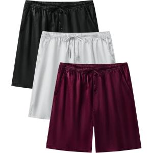 imageSWOMOG Mens 3 Pack Satin Pajama Shorts Silk Pajama Boxer Lounge Sleep Bottoms Button Fly with Pockets ampamp DrawstringBlackDeep Wine RedGrey