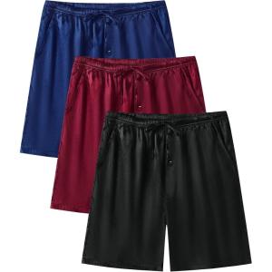 imageSWOMOG Mens 3 Pack Satin Pajama Shorts Silk Pajama Boxer Lounge Sleep Bottoms Button Fly with Pockets ampamp DrawstringBlackNavy BlueWine Red