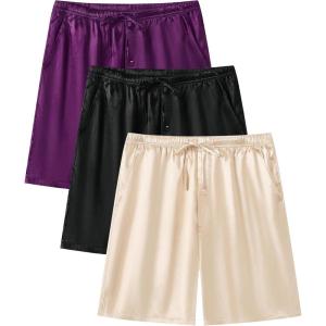 imageSWOMOG Mens 3 Pack Satin Pajama Shorts Silk Pajama Boxer Lounge Sleep Bottoms Button Fly with Pockets ampamp DrawstringBlackPurpleChampagne