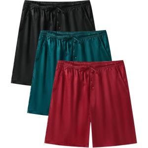 imageSWOMOG Mens 3 Pack Satin Pajama Shorts Silk Pajama Boxer Lounge Sleep Bottoms Button Fly with Pockets ampamp DrawstringBlackRedGreen