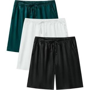 imageSWOMOG Mens 3 Pack Satin Pajama Shorts Silk Pajama Boxer Lounge Sleep Bottoms Button Fly with Pockets ampamp DrawstringBlackWhiteDeep Green