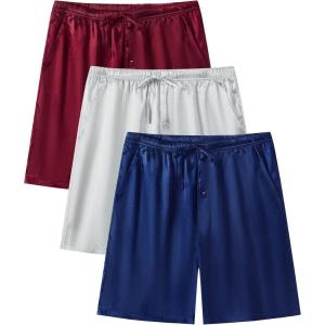 imageSWOMOG Mens 3 Pack Satin Pajama Shorts Silk Pajama Boxer Lounge Sleep Bottoms Button Fly with Pockets ampamp DrawstringGreyNavy BlueWine Red