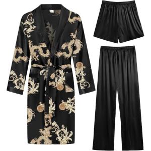 imageSWOMOG Mens 3 Pcs Robe Silk Satin Kimono Bathrobe with ShortsampampPants Set Lightweight Soft SleepwearBlack Dragon