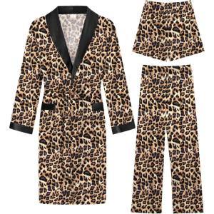 imageSWOMOG Mens 3 Pcs Robe Silk Satin Kimono Bathrobe with ShortsampampPants Set Lightweight Soft SleepwearLeopard
