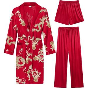 imageSWOMOG Mens 3 Pcs Robe Silk Satin Kimono Bathrobe with ShortsampampPants Set Lightweight Soft SleepwearRed Dragon