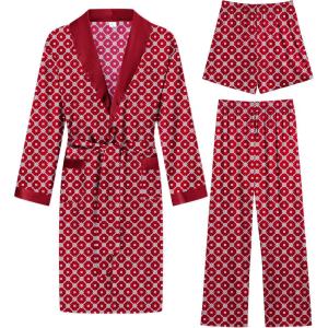 imageSWOMOG Mens 3 Pcs Robe Silk Satin Kimono Bathrobe with ShortsampampPants Set Lightweight Soft SleepwearRed Floral