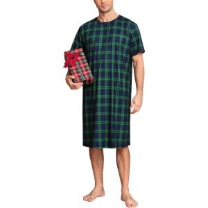 imageSWOMOG Mens Nightshirt Short Sleeve Nightgown Soft Loose Sleepwear Lightweight Nightwear Comfy Henley Sleep Shirt SXXLBlack Green Grid