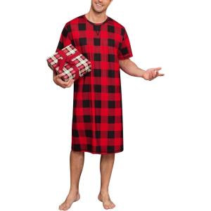 imageSWOMOG Mens Nightshirt Short Sleeve Nightgown Soft Loose Sleepwear Lightweight Nightwear Comfy Henley Sleep Shirt SXXLRed Black Grid