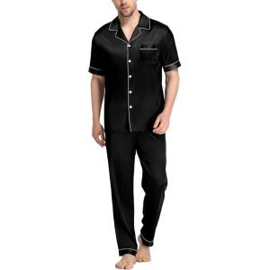 imageSWOMOG Mens Satin Pajama Set Short Sleeve Classic Sleepwear Button Down Silky Loungewear with Long PantsBlack