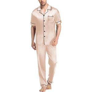 imageSWOMOG Mens Satin Pajama Set Short Sleeve Classic Sleepwear Button Down Silky Loungewear with Long PantsChampagne