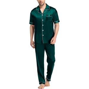 imageSWOMOG Mens Satin Pajama Set Short Sleeve Classic Sleepwear Button Down Silky Loungewear with Long PantsDark Forest Green