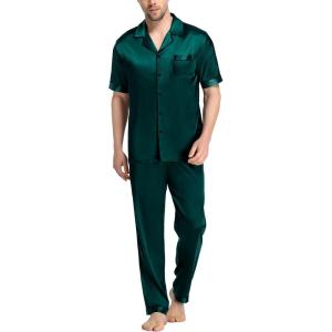 imageSWOMOG Mens Satin Pajama Set Short Sleeve Classic Sleepwear Button Down Silky Loungewear with Long PantsDeep Green