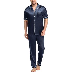 imageSWOMOG Mens Satin Pajama Set Short Sleeve Classic Sleepwear Button Down Silky Loungewear with Long PantsDeep Grey