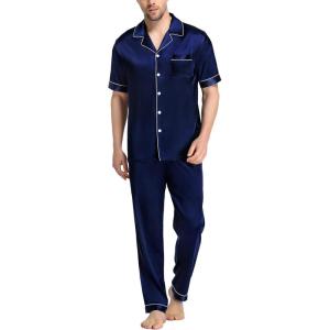 imageSWOMOG Mens Satin Pajama Set Short Sleeve Classic Sleepwear Button Down Silky Loungewear with Long PantsDeep Navy Blue