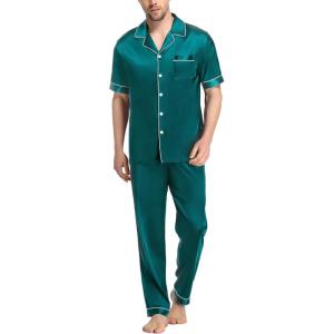 imageSWOMOG Mens Satin Pajama Set Short Sleeve Classic Sleepwear Button Down Silky Loungewear with Long PantsGreen