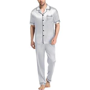 imageSWOMOG Mens Satin Pajama Set Short Sleeve Classic Sleepwear Button Down Silky Loungewear with Long PantsGrey
