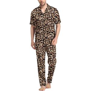 imageSWOMOG Mens Satin Pajama Set Short Sleeve Classic Sleepwear Button Down Silky Loungewear with Long PantsLeopard Print
