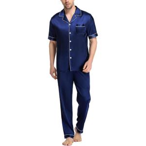 imageSWOMOG Mens Satin Pajama Set Short Sleeve Classic Sleepwear Button Down Silky Loungewear with Long PantsNavy Blue