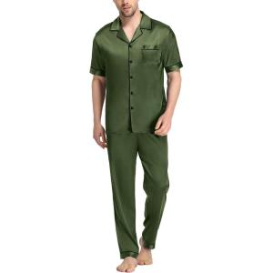 imageSWOMOG Mens Satin Pajama Set Short Sleeve Classic Sleepwear Button Down Silky Loungewear with Long PantsOlive Green
