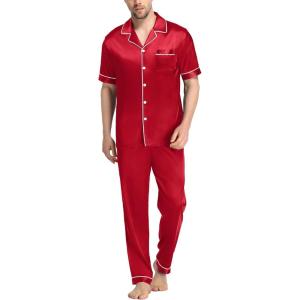 imageSWOMOG Mens Satin Pajama Set Short Sleeve Classic Sleepwear Button Down Silky Loungewear with Long PantsRed