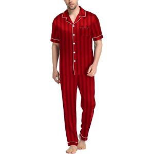 imageSWOMOG Mens Satin Pajama Set Short Sleeve Classic Sleepwear Button Down Silky Loungewear with Long PantsRed Stripes