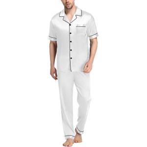 imageSWOMOG Mens Satin Pajama Set Short Sleeve Classic Sleepwear Button Down Silky Loungewear with Long PantsWhite