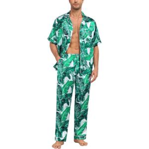 imageSWOMOG Mens Satin Pajama Set Short Sleeve Classic Sleepwear Button Down Silky Loungewear with Long PantsWhite Leaves