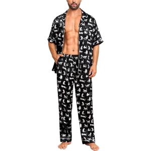 imageSWOMOG Mens Satin Pajama Set Short Sleeve Classic Sleepwear Button Down Silky Loungewear with Long PantsWhite Leopard Print