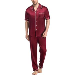 imageSWOMOG Mens Satin Pajama Set Short Sleeve Classic Sleepwear Button Down Silky Loungewear with Long PantsWine Red