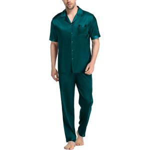 imageSWOMOG Mens Satin Pajama Set Short Sleeve Classic Sleepwear Button Down Silky Loungewear with Long PantsZ  Solid Deep Green  With Drawstrings