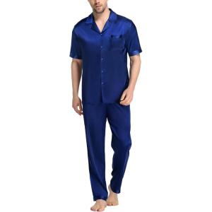 imageSWOMOG Mens Satin Pajama Set Short Sleeve Classic Sleepwear Button Down Silky Loungewear with Long PantsZ  Solid Navy Blue  With Drawstrings