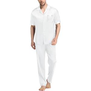 imageSWOMOG Mens Satin Pajama Set Short Sleeve Classic Sleepwear Button Down Silky Loungewear with Long PantsZ  Solid White  With Drawstrings