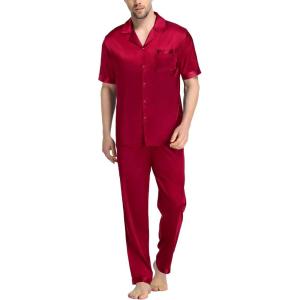 imageSWOMOG Mens Satin Pajama Set Short Sleeve Classic Sleepwear Button Down Silky Loungewear with Long PantsZ  Solid Wine Red  With Drawstrings