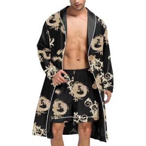 imageSWOMOG Mens Satin Robe Silky Kimono Bathrobe with Shorts Set Lightweight Soft Loungewear NightwearBlack Dragon