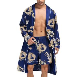 imageSWOMOG Mens Satin Robe Silky Kimono Bathrobe with Shorts Set Lightweight Soft Loungewear NightwearBlue Dragon