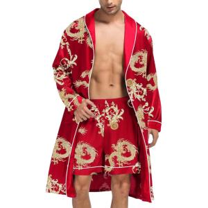imageSWOMOG Mens Satin Robe Silky Kimono Bathrobe with Shorts Set Lightweight Soft Loungewear NightwearRed Dragon