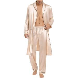 imageSWOMOG Mens Satin Robe Silky Kimono Bathrobe with Shorts Set Lightweight Soft Loungewear NightwearZlong Sleevechampagne