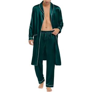 imageSWOMOG Mens Satin Robe Silky Kimono Bathrobe with Shorts Set Lightweight Soft Loungewear NightwearZlong Sleevedeep Green
