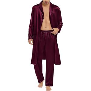 imageSWOMOG Mens Satin Robe Silky Kimono Bathrobe with Shorts Set Lightweight Soft Loungewear NightwearZlong Sleevedeep Wine Red
