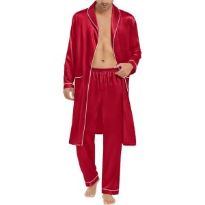 imageSWOMOG Mens Satin Robe Silky Kimono Bathrobe with Shorts Set Lightweight Soft Loungewear NightwearZlong Sleevereda