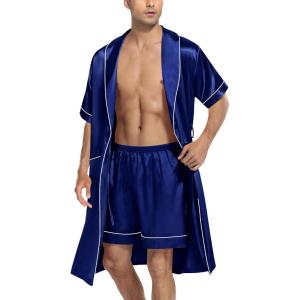 imageSWOMOG Mens Satin Robe with Shorts Set Silky Short Sleeve Kimono Bathrobe Lightweight Soft SleepwearClassicnavy Blue