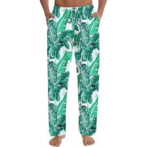 imageSWOMOG Mens Satin Silk Pajama Pant Long Pj Bottoms Soft Lounge Sleep Pants with PocketsA White Leaves