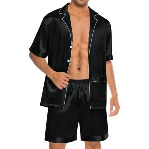 imageSWOMOG Mens Silk Pajama Set 2 Pieces Short Sleeve Soft Satin Sleepwear Button Down PjBlack
