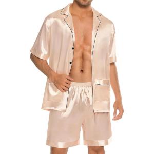 imageSWOMOG Mens Silk Pajama Set 2 Pieces Short Sleeve Soft Satin Sleepwear Button Down PjChampagne