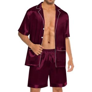 imageSWOMOG Mens Silk Pajama Set 2 Pieces Short Sleeve Soft Satin Sleepwear Button Down PjDeep Wine Red