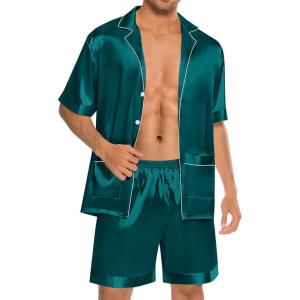 imageSWOMOG Mens Silk Pajama Set 2 Pieces Short Sleeve Soft Satin Sleepwear Button Down PjGreen