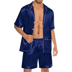 imageSWOMOG Mens Silk Pajama Set 2 Pieces Short Sleeve Soft Satin Sleepwear Button Down PjNavy Blue