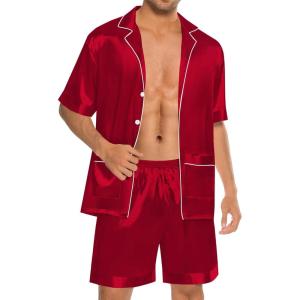 imageSWOMOG Mens Silk Pajama Set 2 Pieces Short Sleeve Soft Satin Sleepwear Button Down PjRed